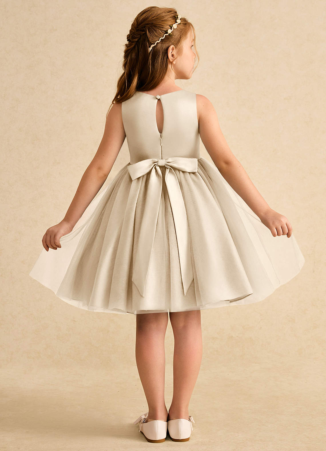 Azazie Prima Flower Girl Dresses Champagne A-Line Bow Tulle Dress image1