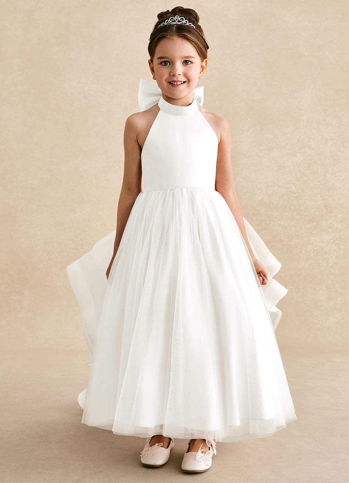 Azazie Bev Flower Girl Dresses Ivory A-Line Convertible Tulle Dress image2