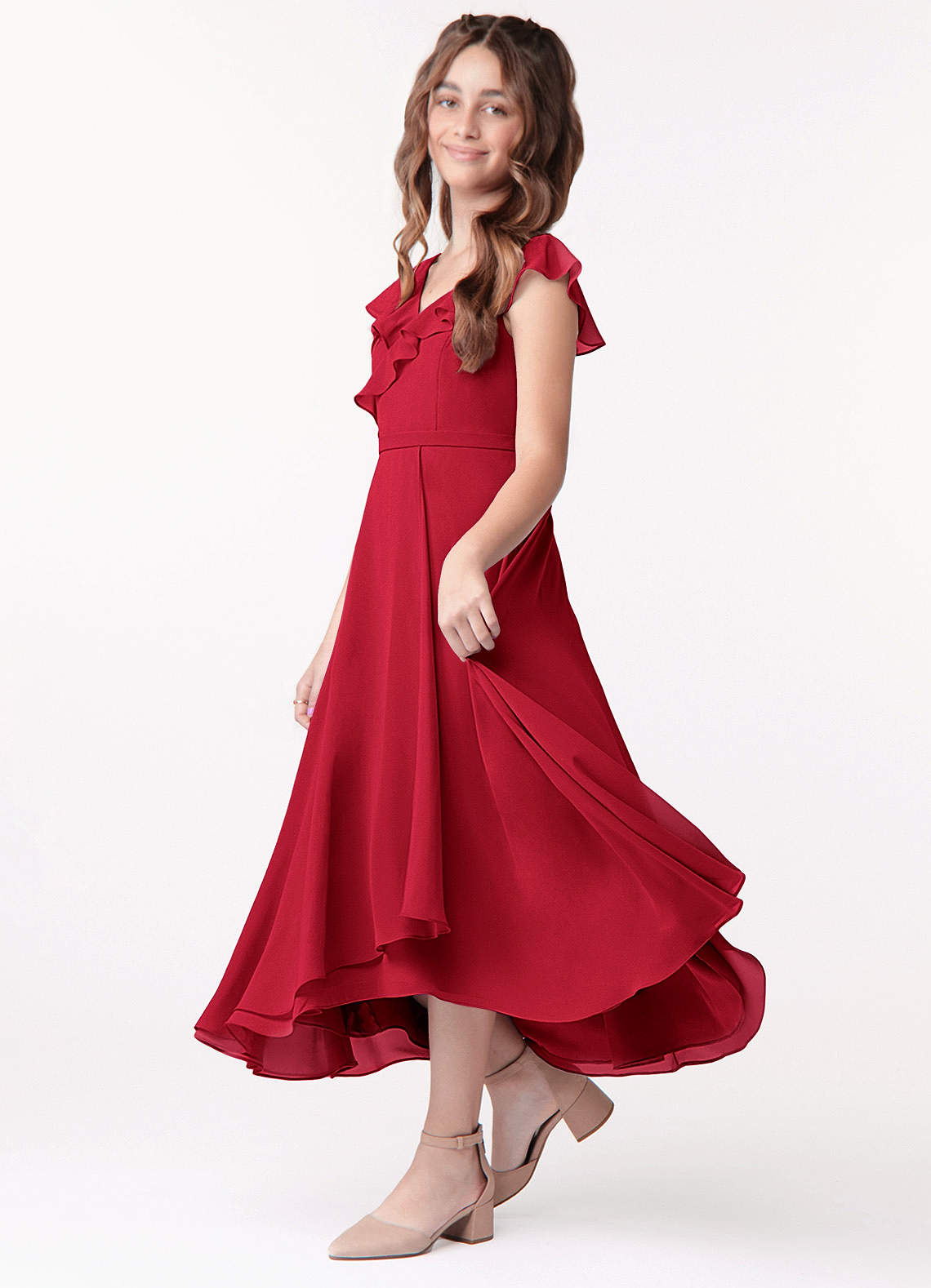 Azazie Posie Junior Scarlet A-Line Ruched Chiffon Dress image1