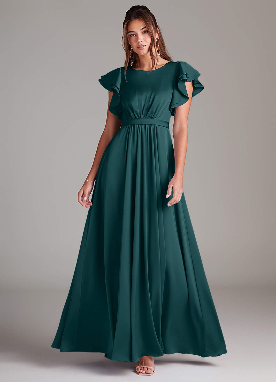 Azazie Daphne Abiti da damigella modesti Abito A-Line Increspato Raso Elasticizzato Floor-Length image1