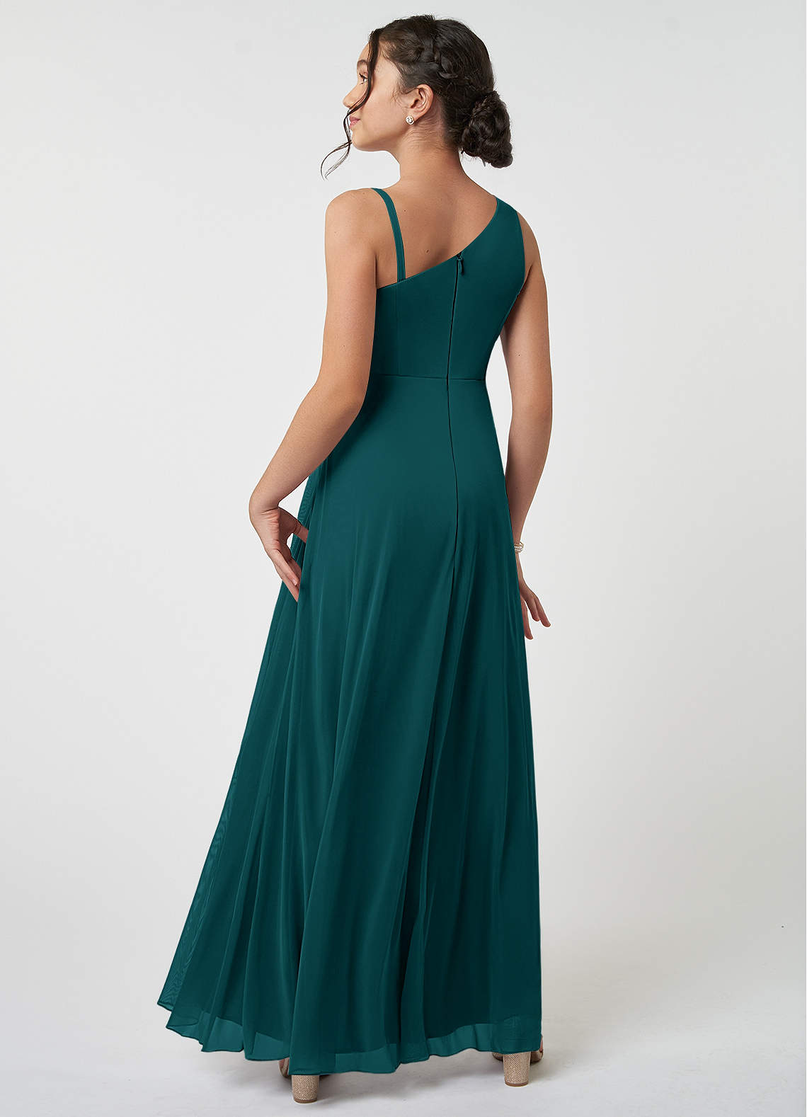 Azazie Brooke Junior Abito A-Line in Maglia Plissettato Verde Pavone image3