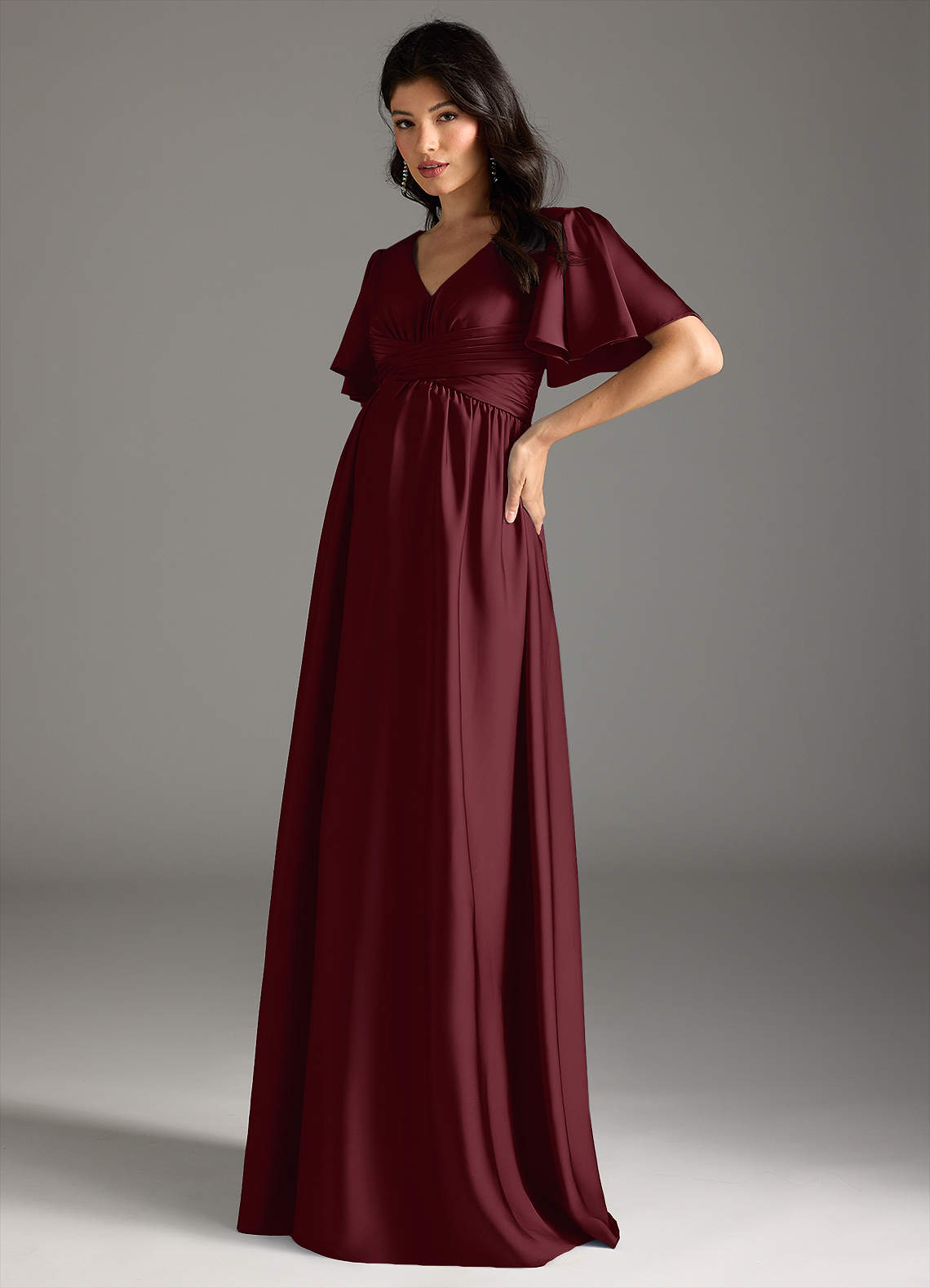Azazie Verna vestidos de dama de honor de maternidad Vestido de Corte En A Volante Hasta el suelo Satén Elástico image3