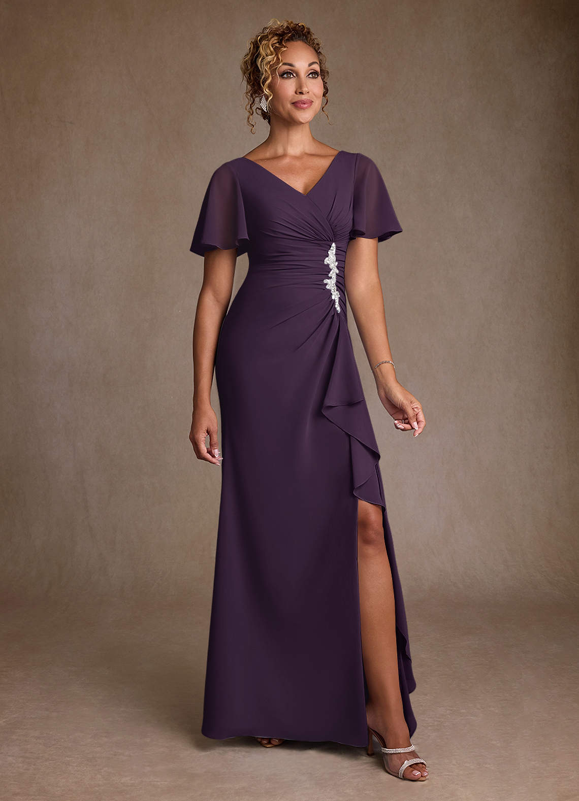 Azazie Suffolk Moeder van de bruid jurken A-Lijn Jurk van Chiffon Geplooid Pruim image1