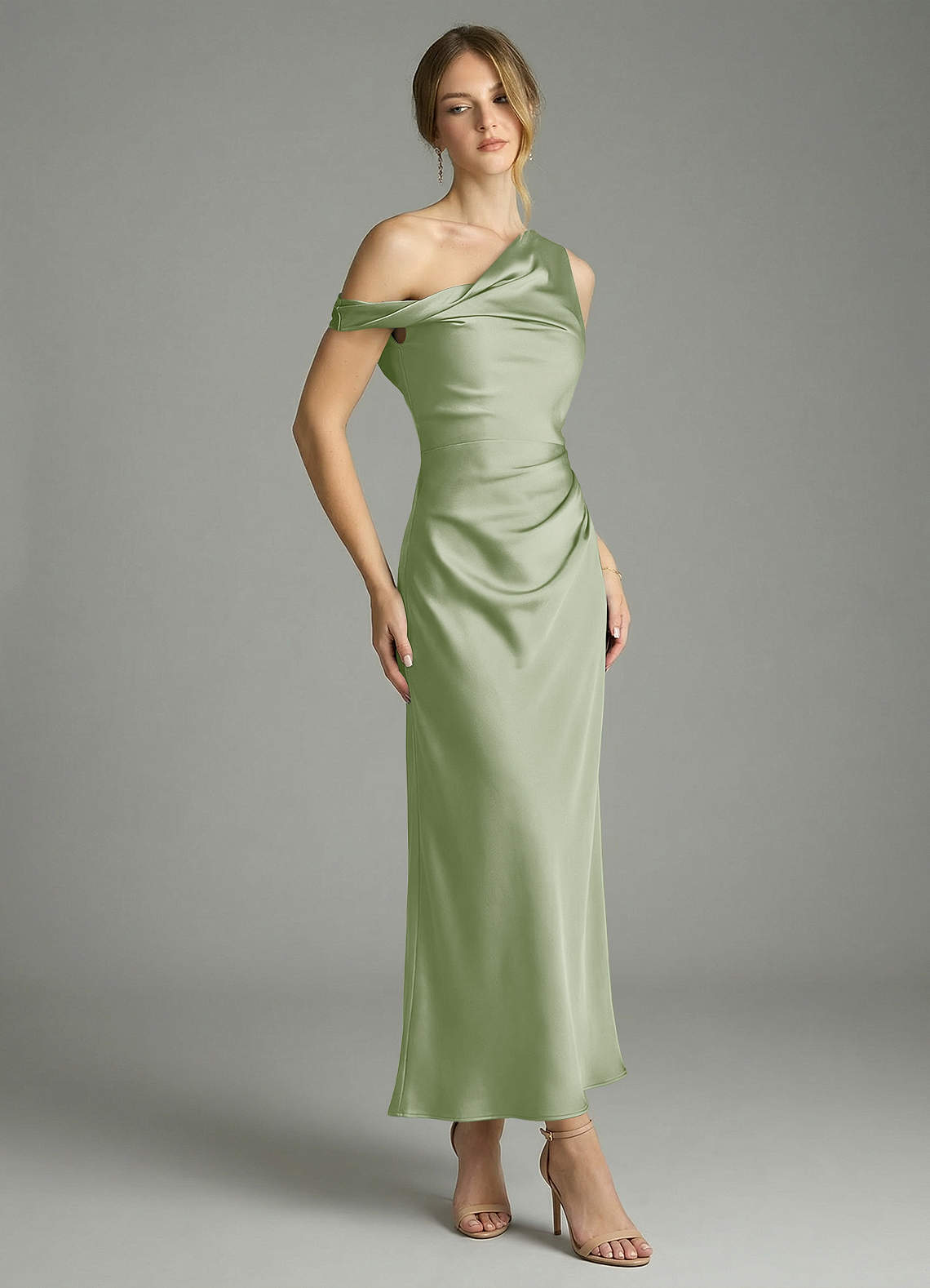 Azazie Emerson Bridesmaid Dresses Dusty Sage Mermaid Off the Shoulder Stretch Satin Dress image2