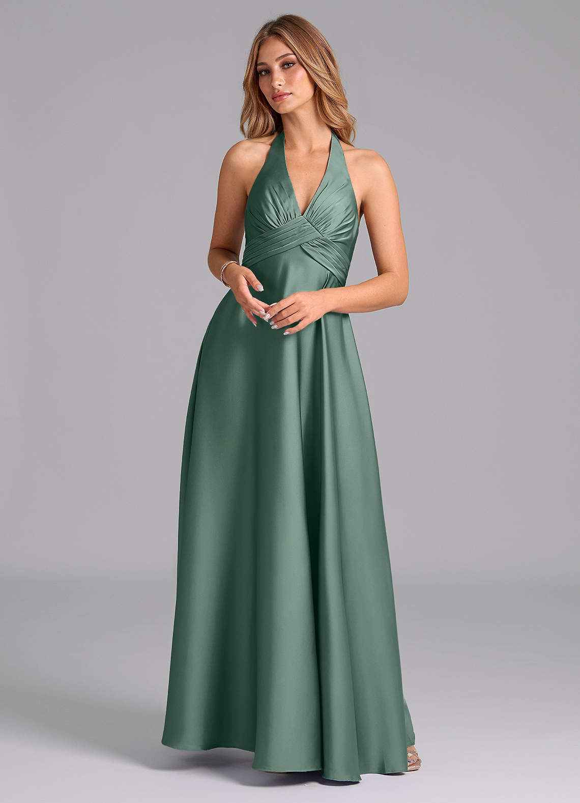 Azazie A-Line Halter Neck Floor-Length Stretch Satin Bridesmaid Dresses - Eucalyptus
