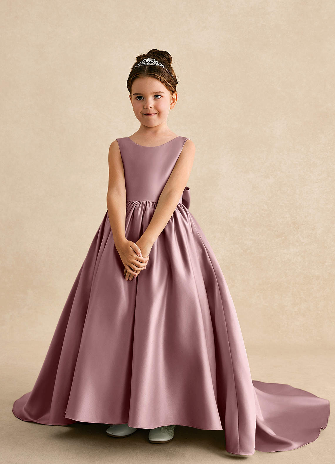 Azazie Mimia Robe Demoiselle D'honneur Fillette Robe Trapèze en Mat Satiné Arc Rose Poussiéreuse image2