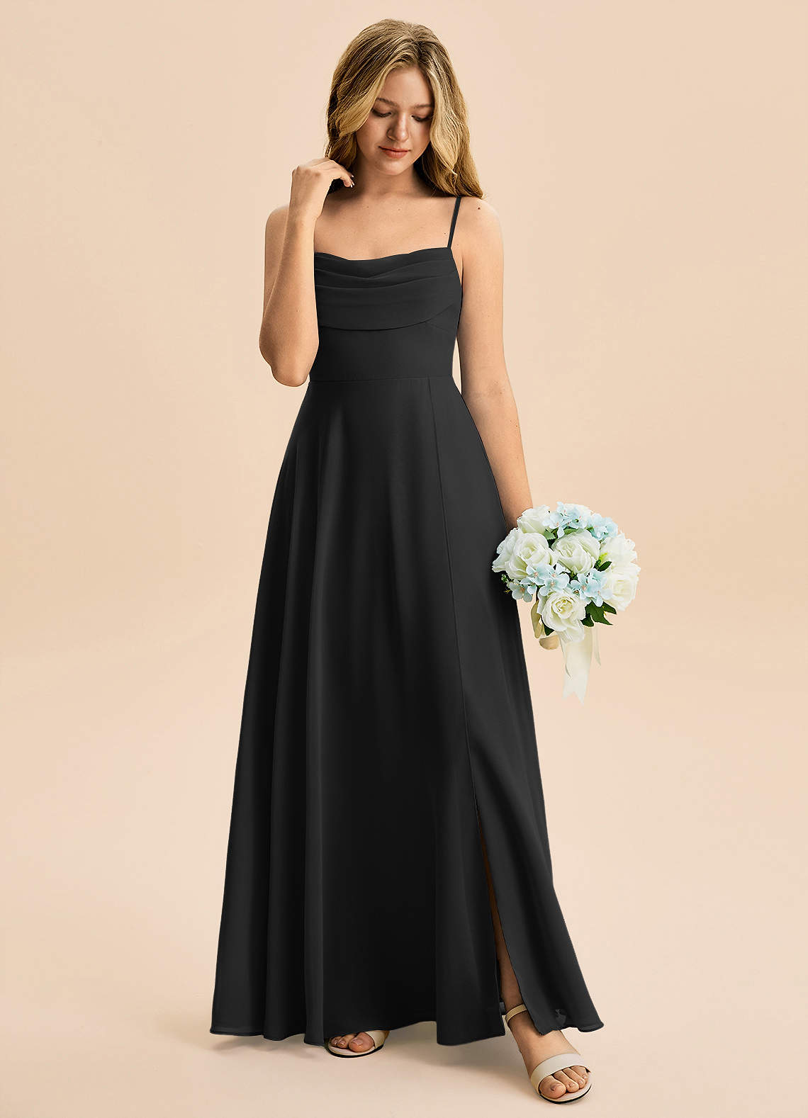 Azazie Bear Junior Black A-Line Pleated Chiffon Dress image2