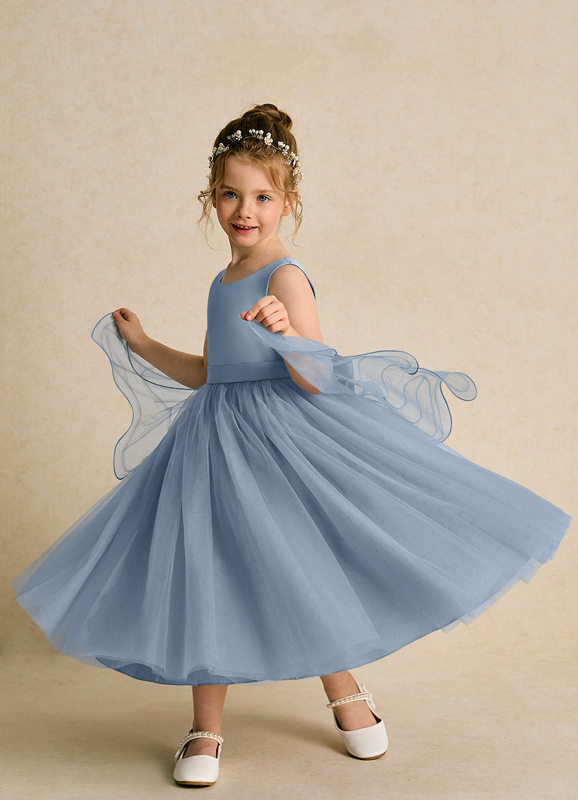 Azazie Pear Flower Girl Dresses Dusty Blue Ball-Gown Bow Tulle Dress image1