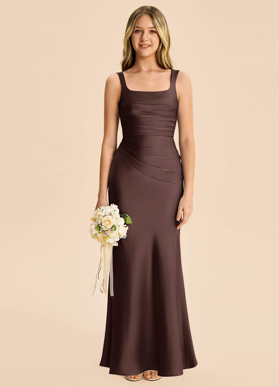 Azazie Agustina Junior Ganache Sheath Pleated Stretch Satin Dress image5