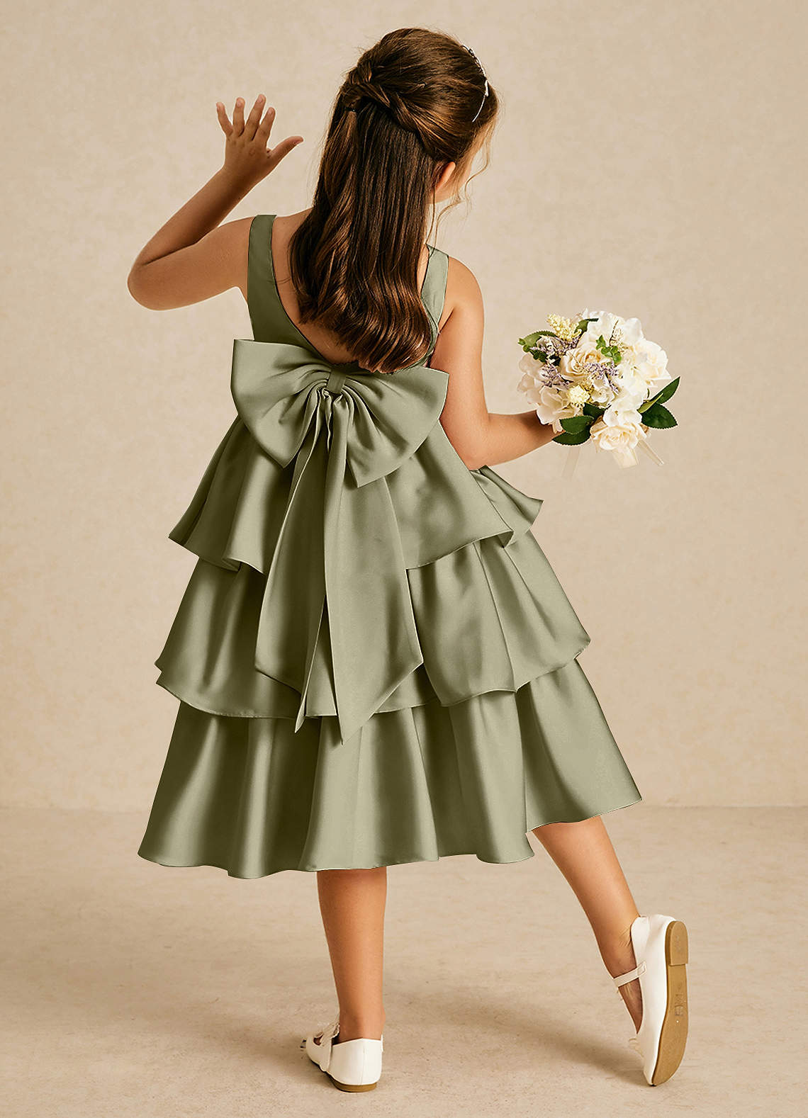 Azazie Margery Flower Girl Klänningar Klänning A-Linje i Stretch Satin Rosett image1