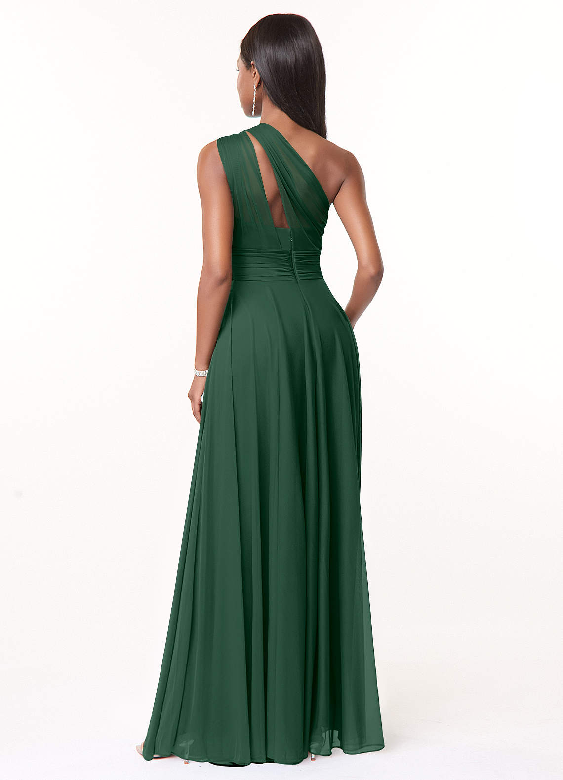 Azazie Charlize Vestidos de damas de honor Vestido de Verde Oscuro de Malla de Corte en A con Hombro unilateral image1