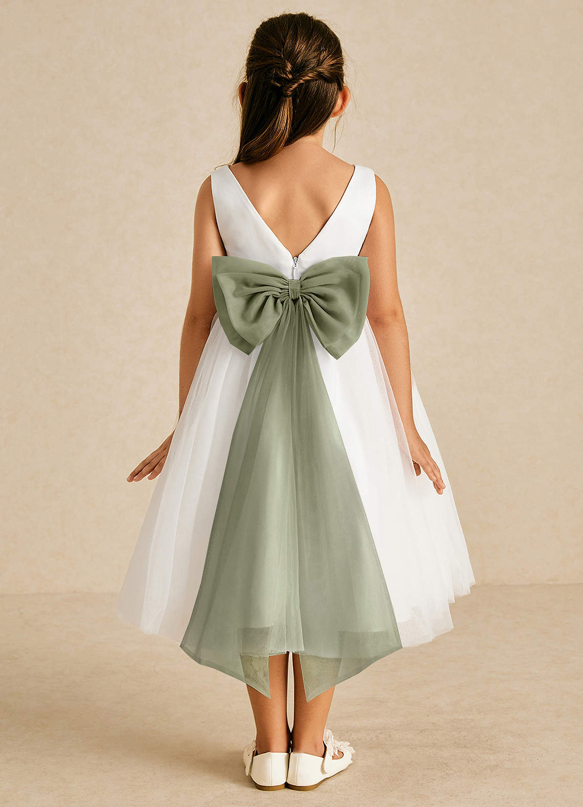 Azazie Kavi Flower Girl Dresses Ivory Pistachio A-Line Bow Matte Satin Dress image1