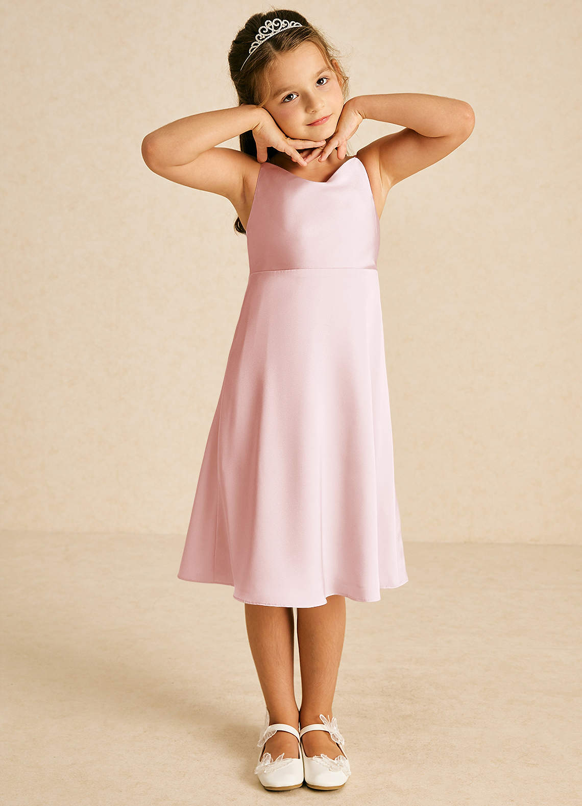 Azazie Zuzu Flower Girl Dresses Blushing Pink A-Line Spaghetti Strap Stretch Satin Dress image1