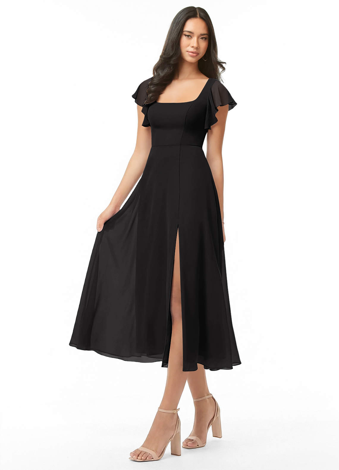 Azazie Bondi Vestidos de madrinha de casamento Vestido Preto de Chiffon de Linha A com Ruched image2