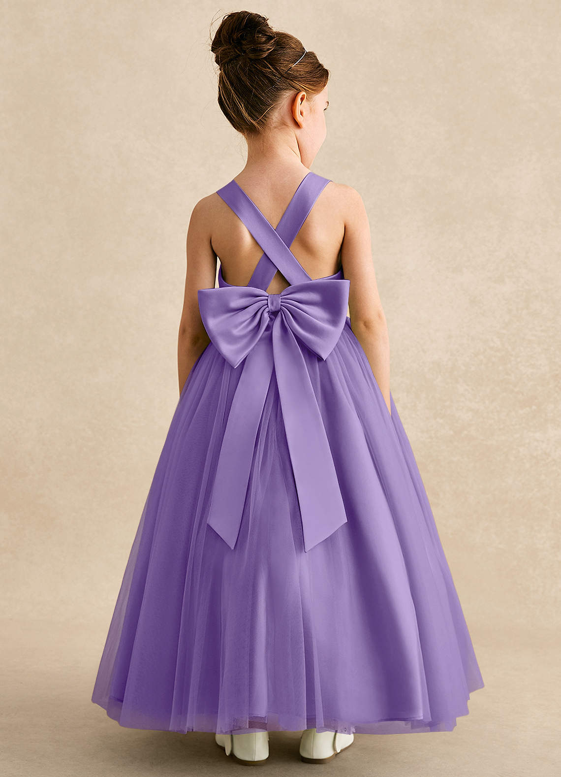 Azazie Peanut Robe Demoiselle D'honneur Fillette Robe Trapèze en Tulle Bretelle Tahiti image1