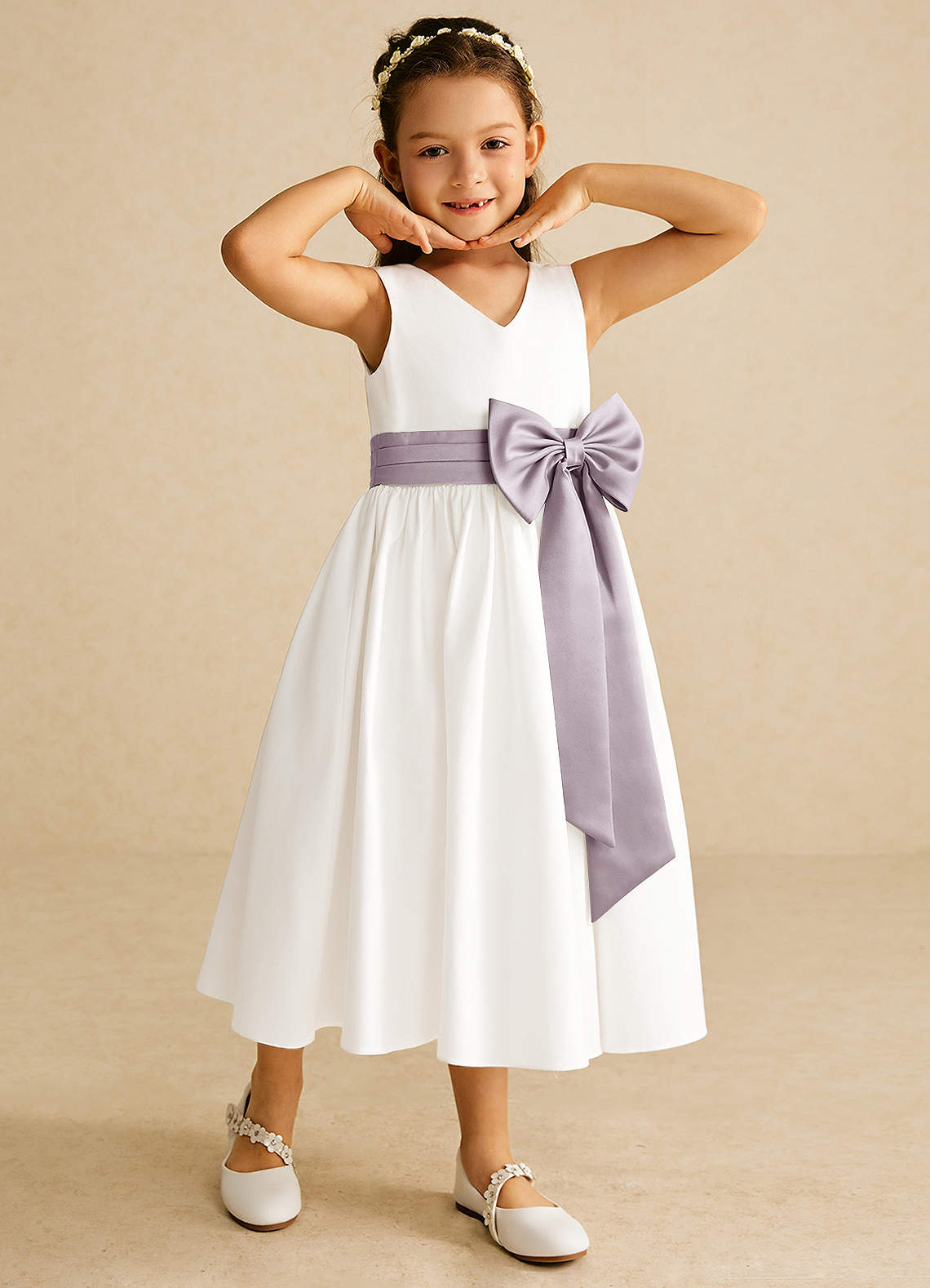 Azazie Darling Flower Girl Dresses Ivory Dusk A-Line Bow Cotton Dress image1