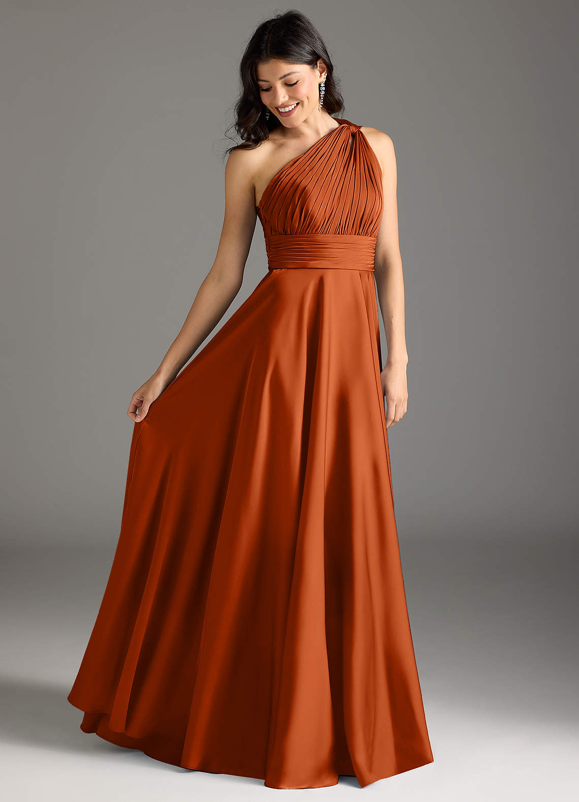 Azazie Charlize Bridesmaid Dresses Burnt Orange A-Line One Shoulder Stretch Satin Dress image1