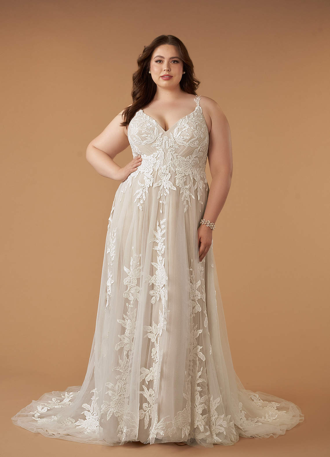 Azazie Delaina Wedding Dresses Diamond White Nude A-Line V-Neck Sequins Tulle Dress image1