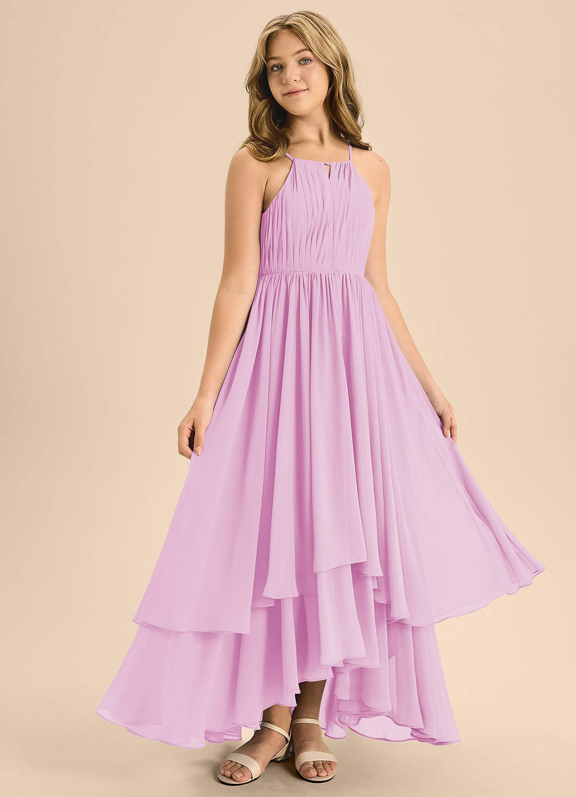 Azazie Elliora Junior Vestido de Rosa Caramelo de Gasa de Corte En A con Plisado image2