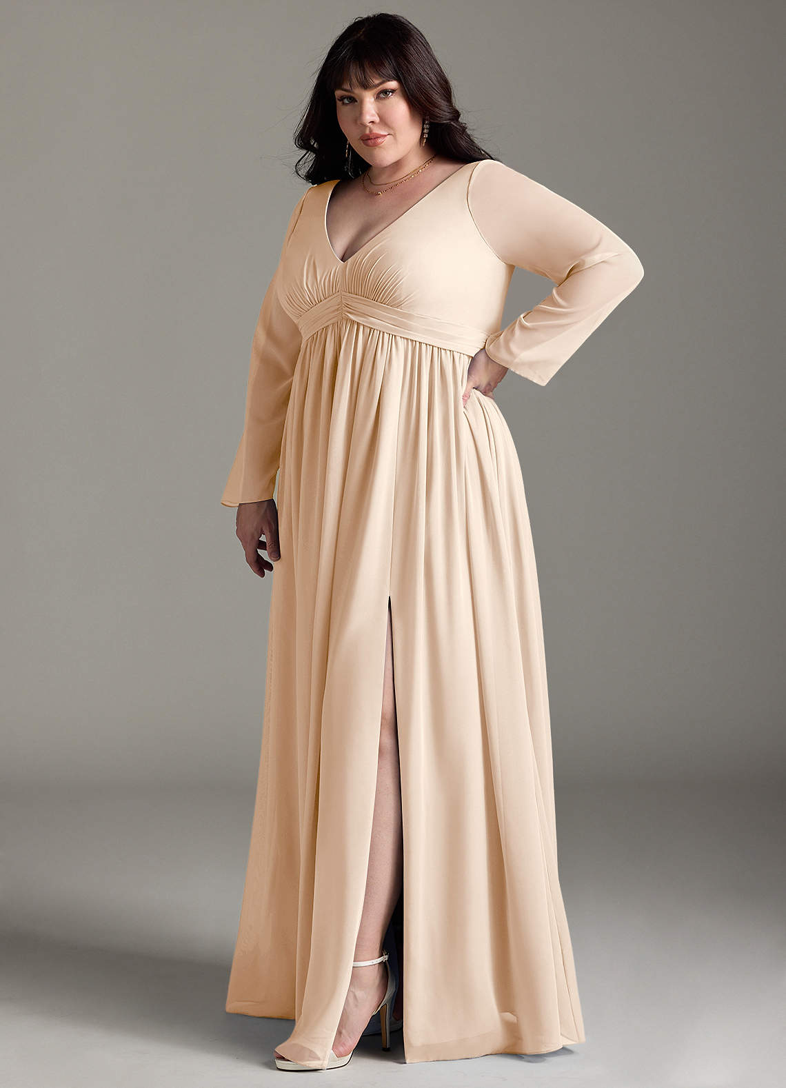 Azazie Teton At-home Try On Dresses A-Line Long Sleeve Chiffon Floor-Length Dress image9