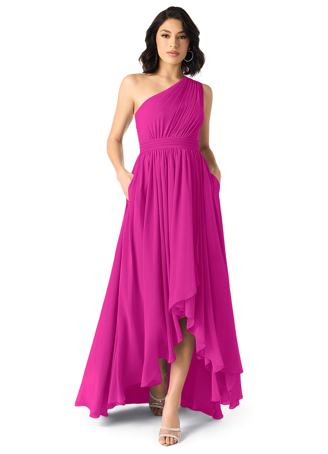 Azazie Mathilda Abiti da Damigella Abito A-Line in Chiffon Monospalla Fucsia image1