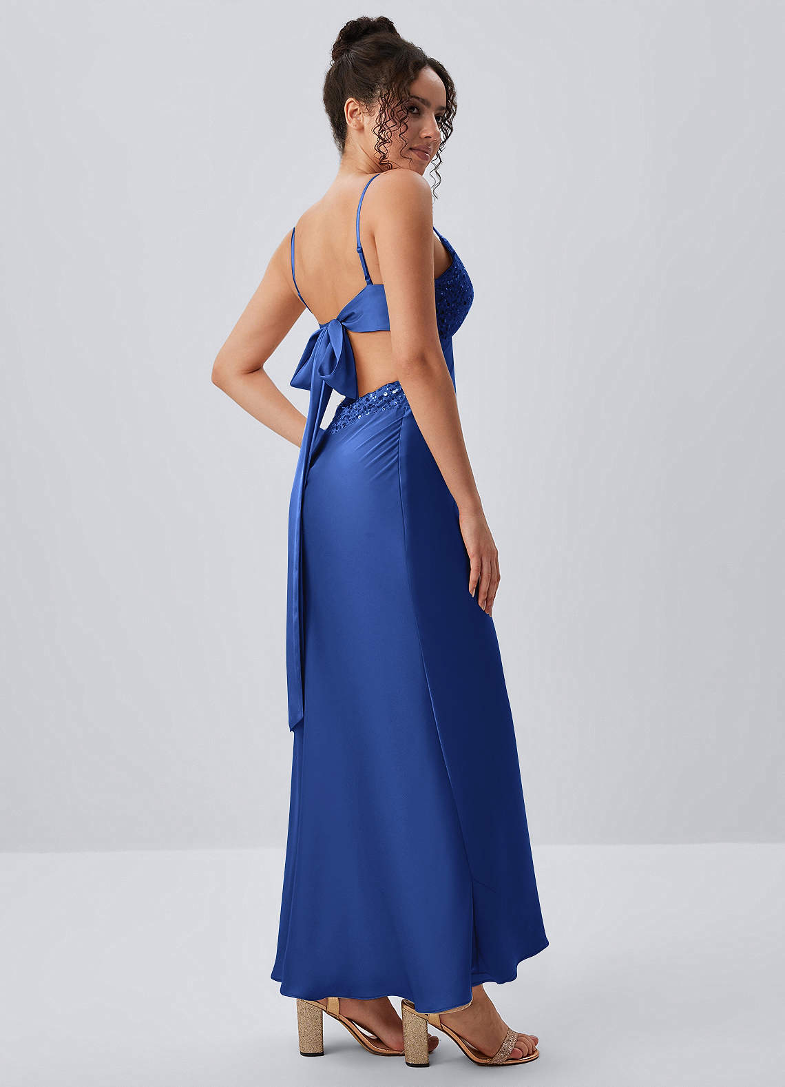 royal blue summer maxi dress Paloma Satin Beading Back Bow neckline and daring side