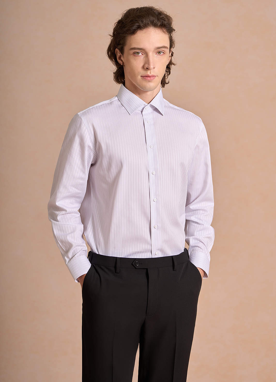 front Aiden Soft Lavender 100% Cotton Non-Iron Striped Dress Shirt