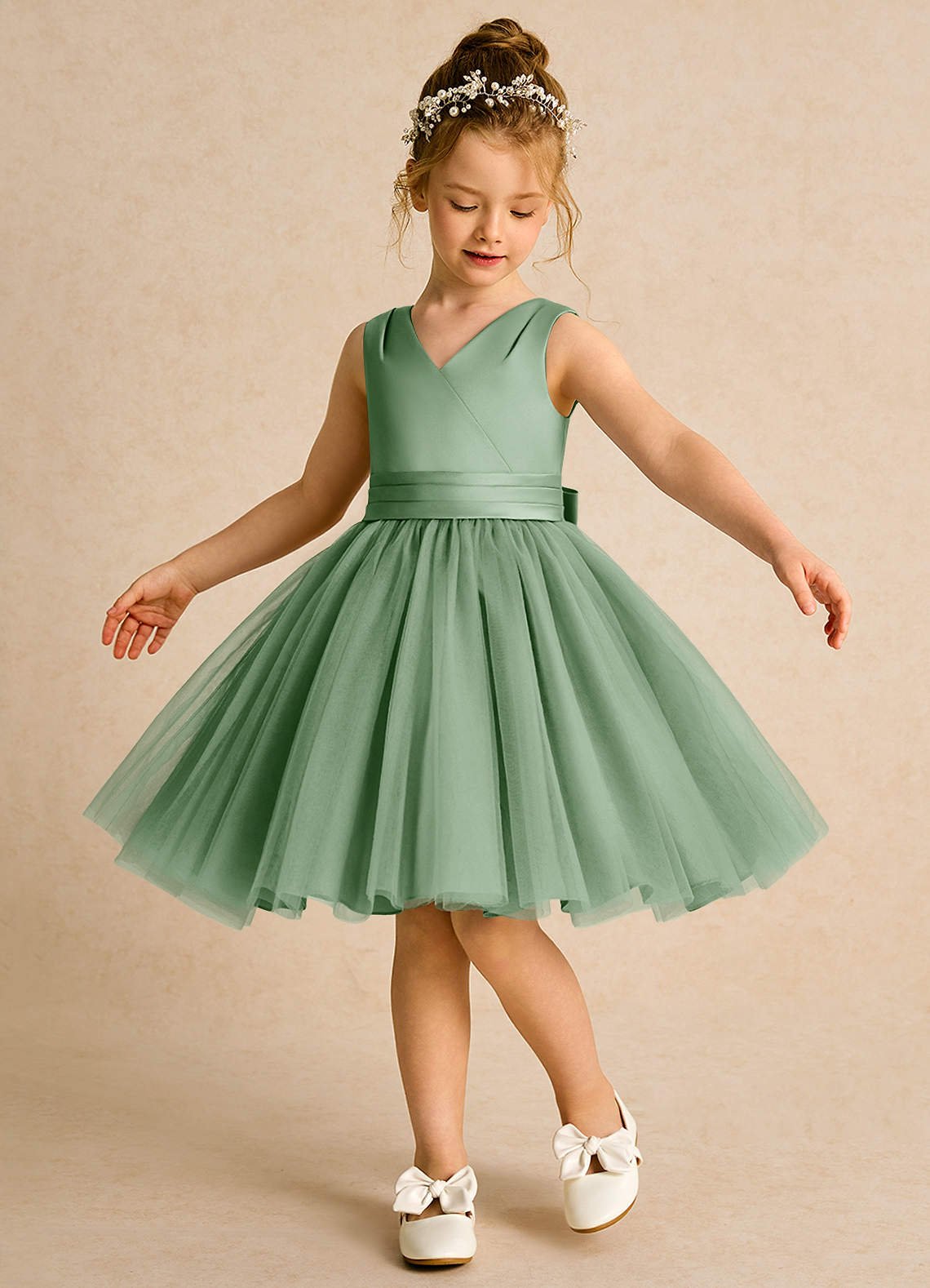 Azazie Tadpole Flower Girl Dresses Matcha A-Line Pleated Matte Satin Dress image1