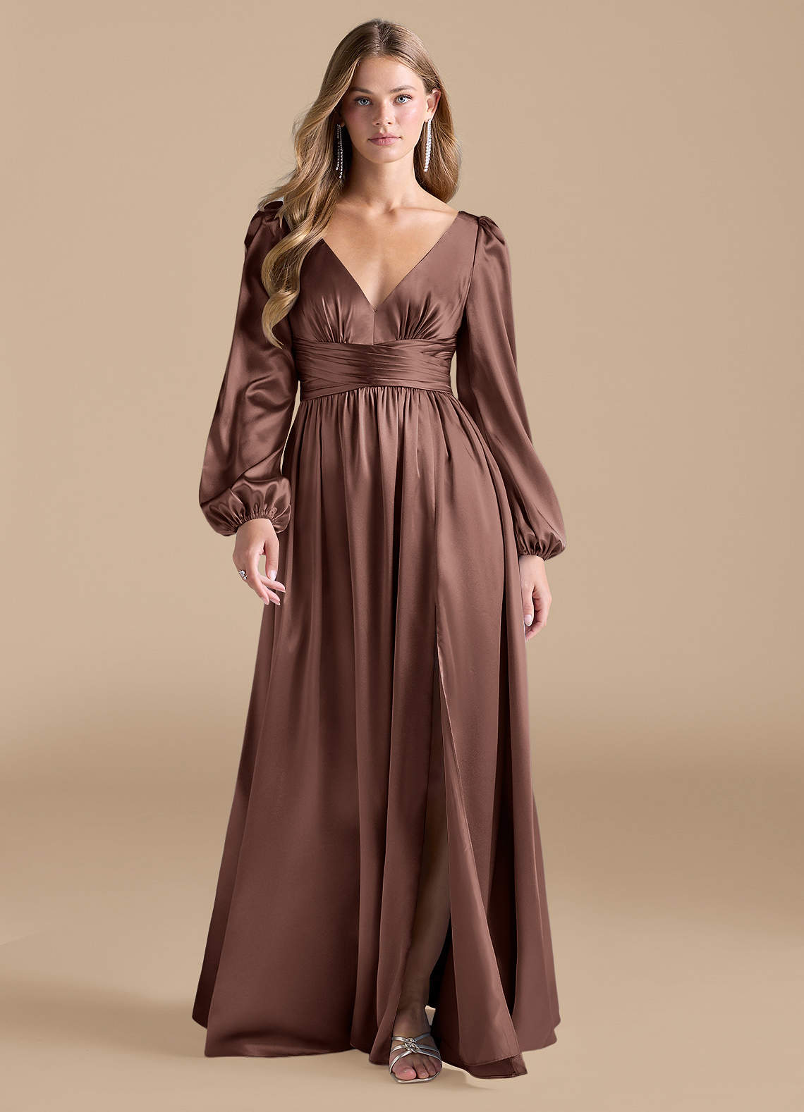 Azazie Norah Bridesmaid Dresses Espresso A-Line Metallic Satin Dress image1