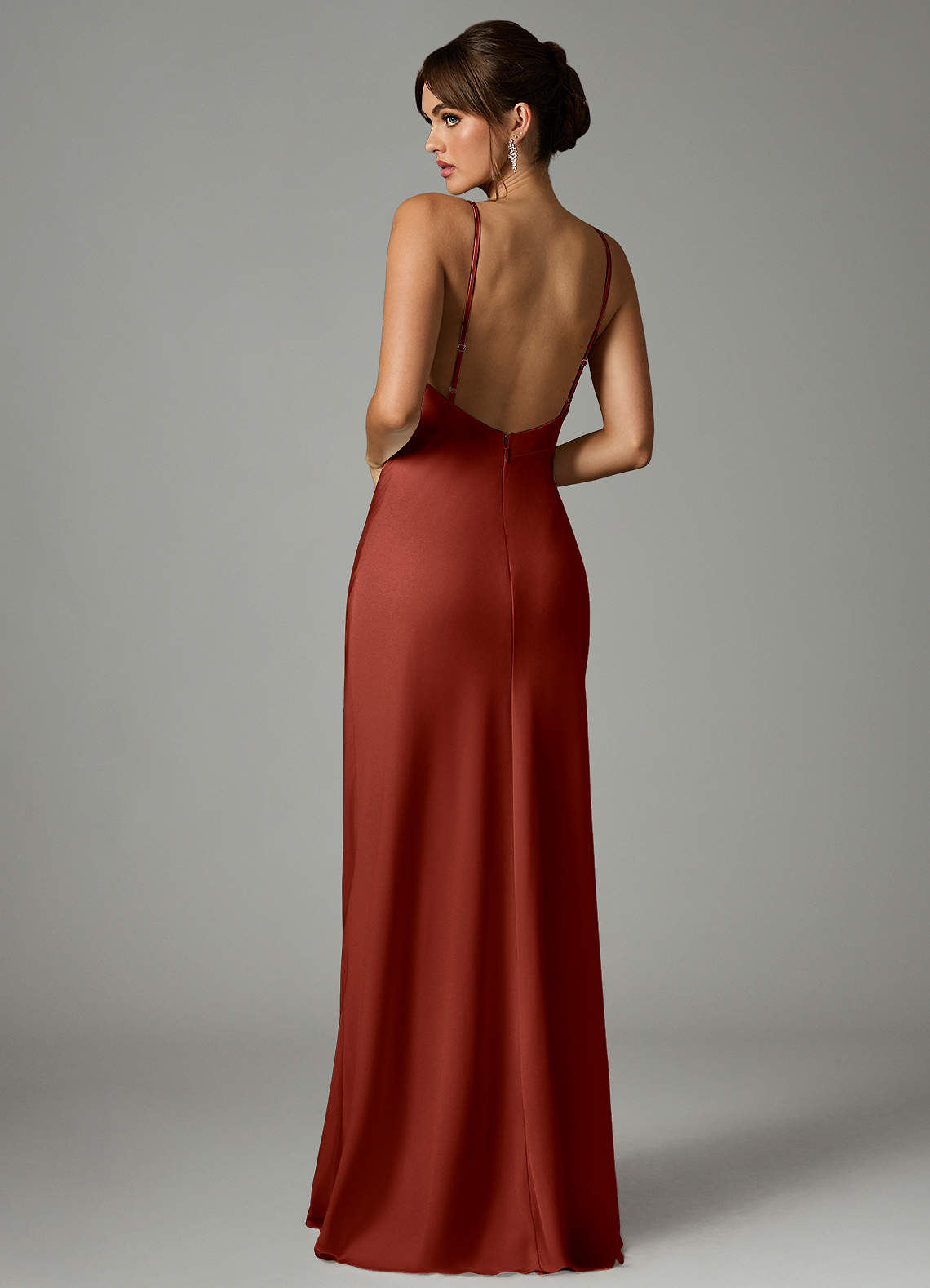 Azazie Stefania Robes de demoiselle d'honneur Robe Trapèze en Satin extensible Terracotta image1