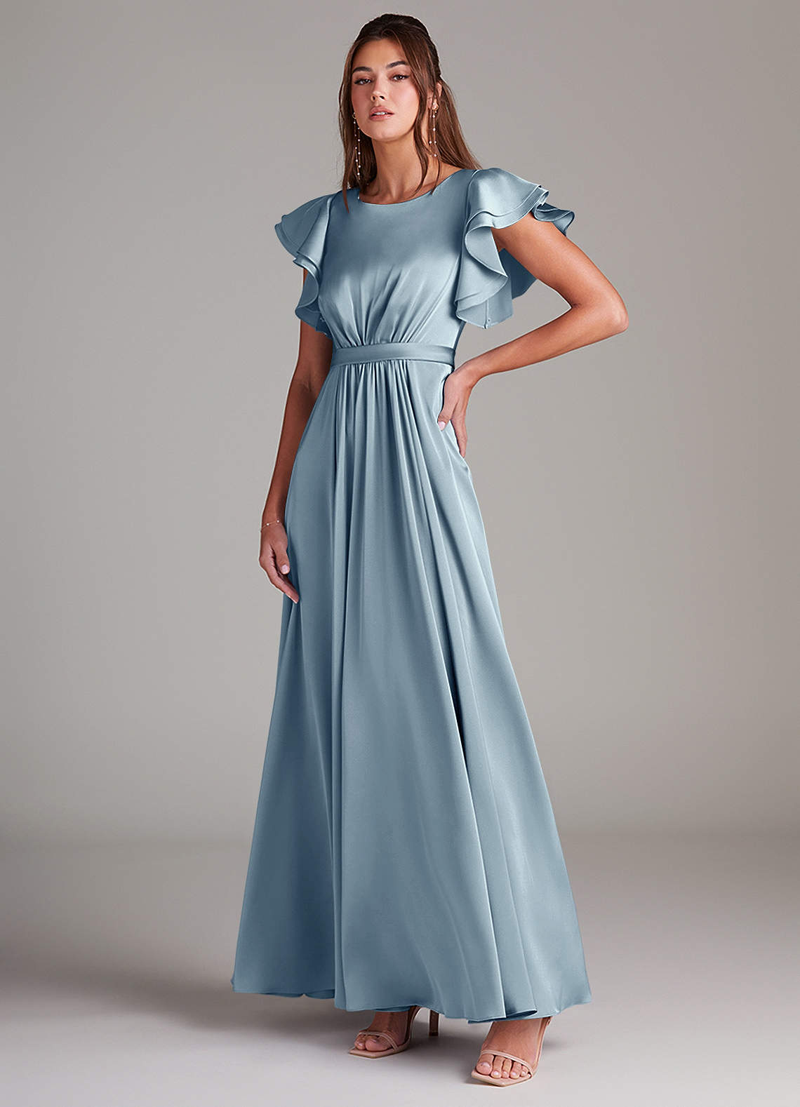 Azazie Daphne Modest Bridesmaid Dresses A-Line Ruched Stretch Satin Floor-Length Dress image3