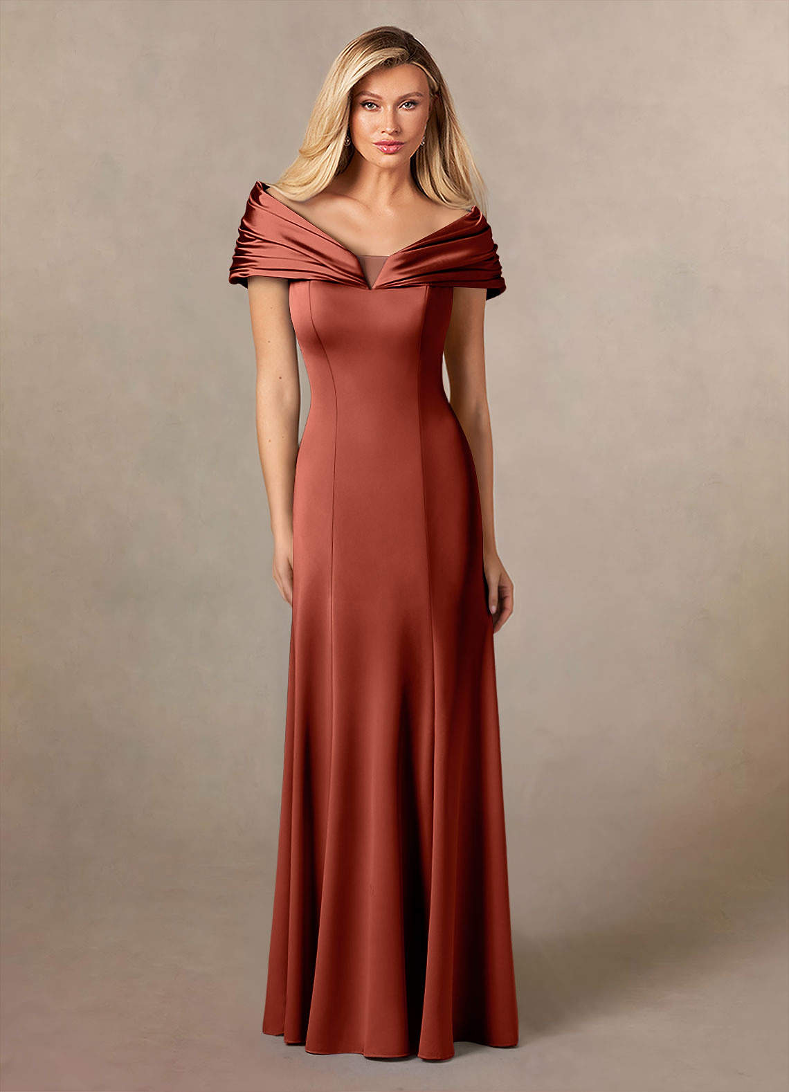 Azazie Auberdeen Mother of the Bride Dresses Terracotta Mermaid Pleated Stretch Satin Dress image1