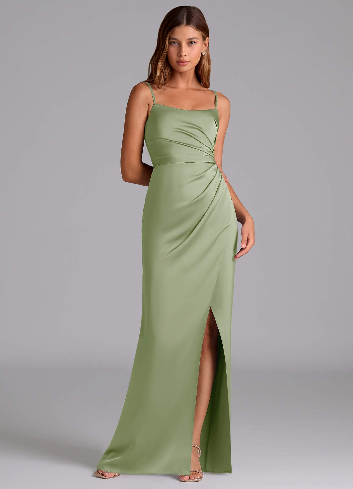 Azazie Calandra Jurken voor bruidsmeisjes Jurk van Stretch Satijn met A-Lijn Geplooid Stoffige Salie image1