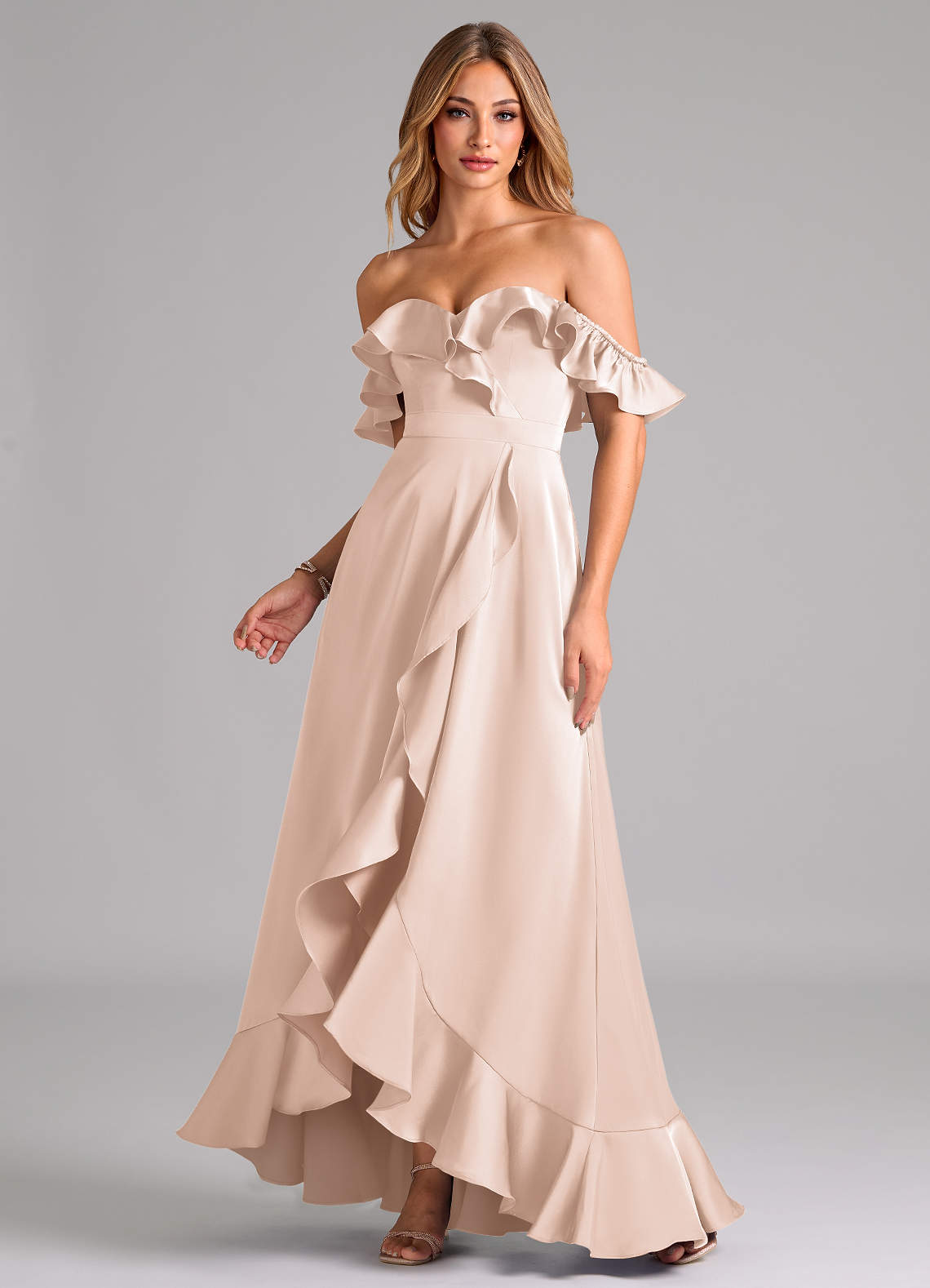 Azazie Lyra Bridesmaid Dresses Blushing Pink A-Line Off the Shoulder Stretch Satin Convertible Dress image1
