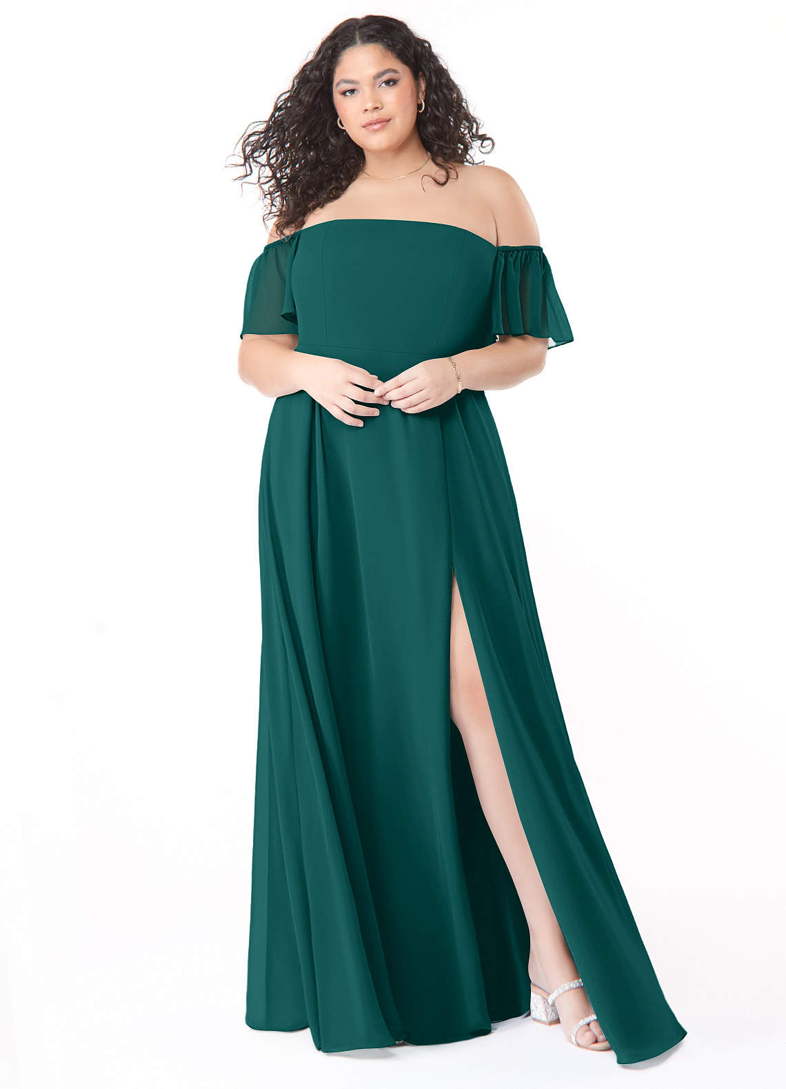 Azazie A-Line Off The Shoulder Floor-Length Chiffon Bridesmaid Dresses - Peacock