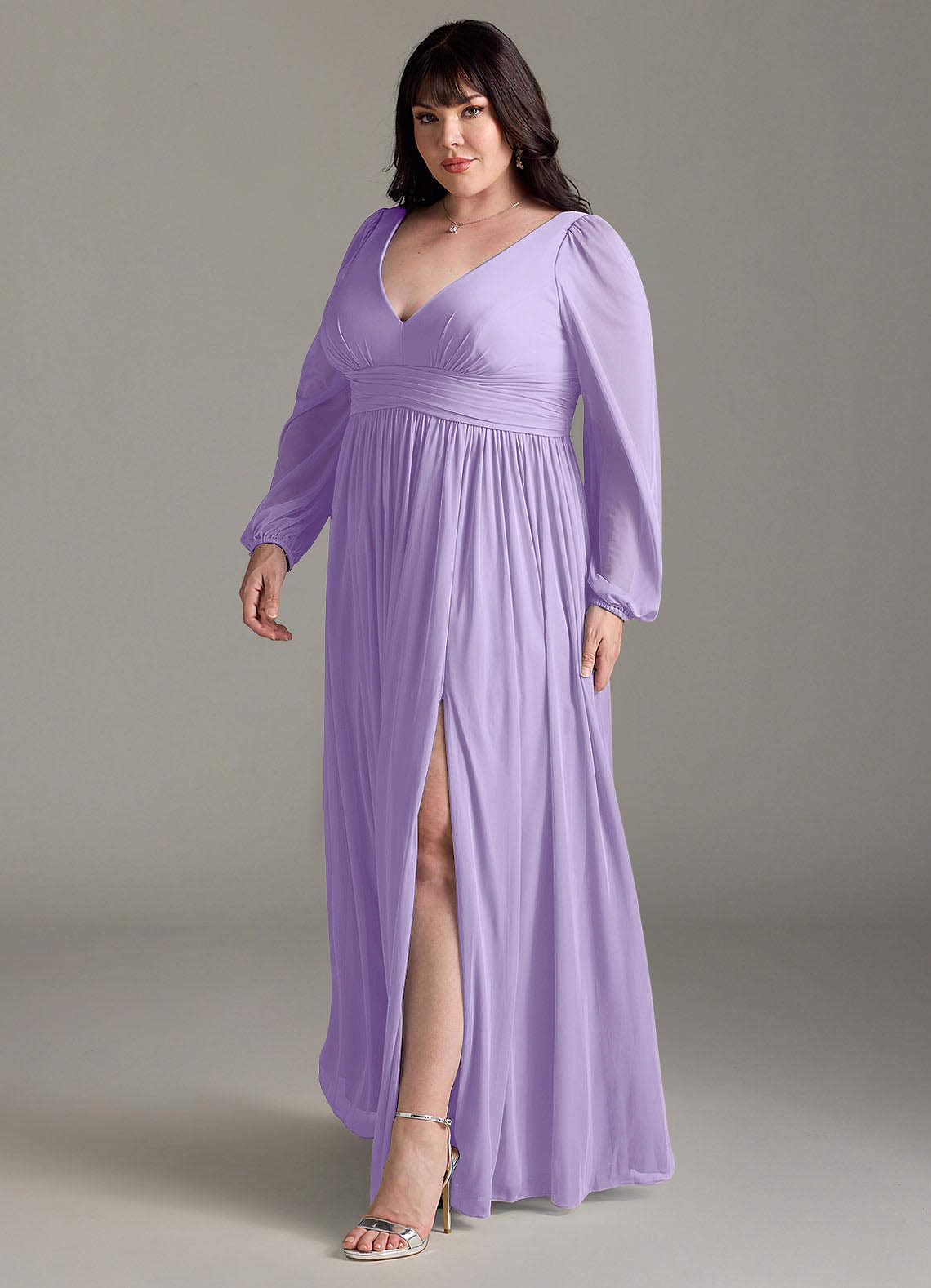 lilac long dress with sleeves Naeem Khan Lilac Floral Illusion Neckline Long Sleeve Gown