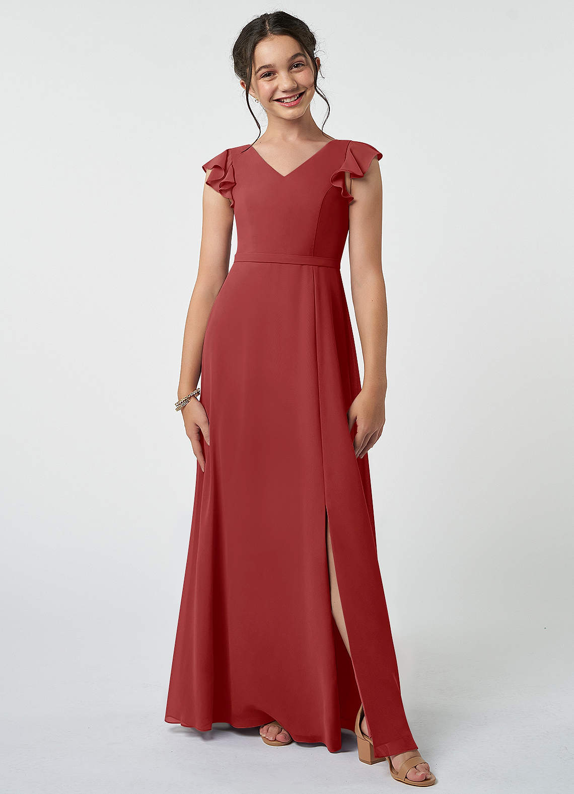 Azazie Claudine Junior Rust A-Line Pleated Chiffon Dress image1