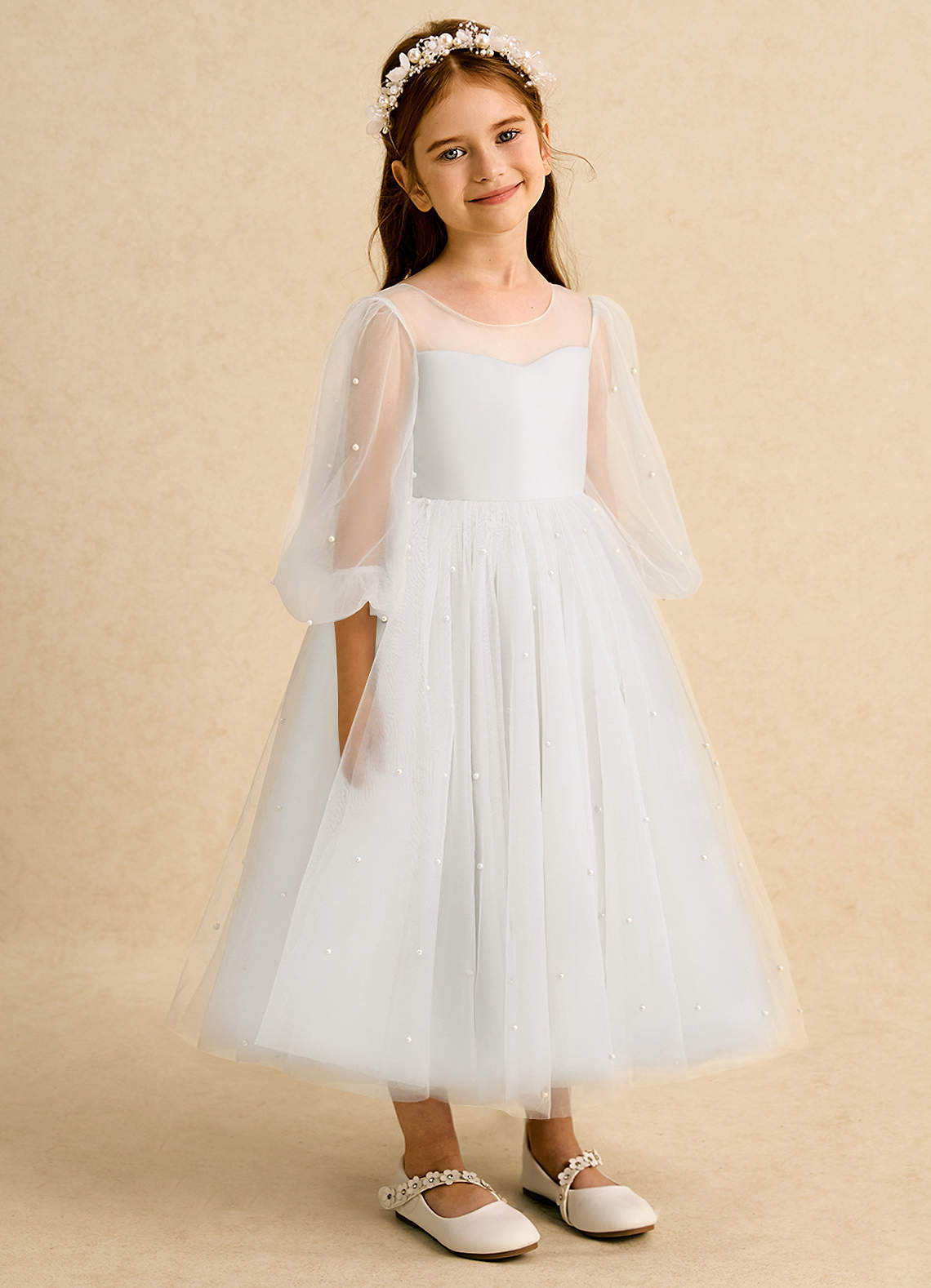 Azazie Trudy Flower Girl Dresses Ivory Ball-Gown Sweetheart Neckline Tulle Dress image1