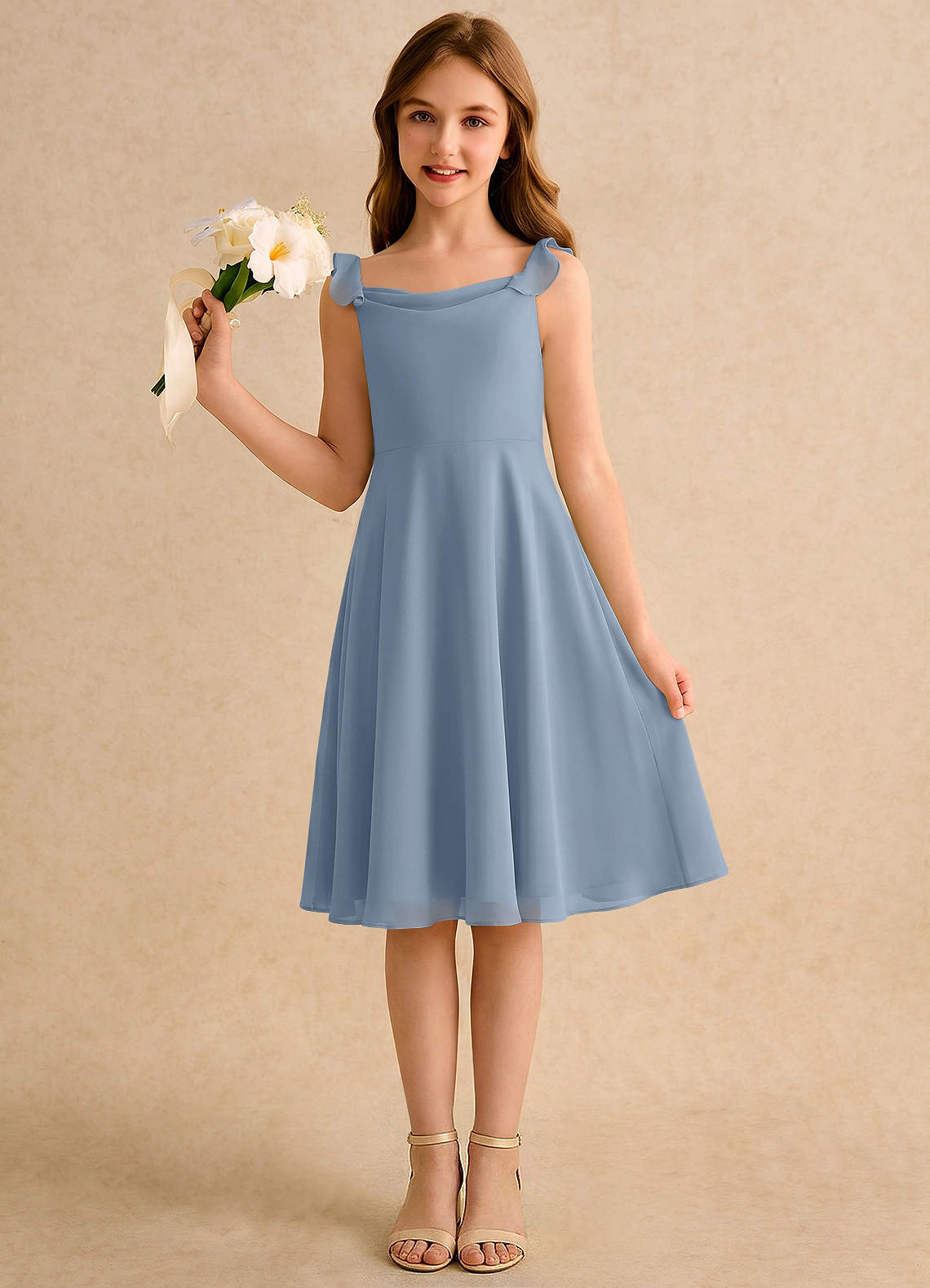 knee length dusty blue dress Azazie Pup Dusty Blue A-Line Pleated Chiffon Dress