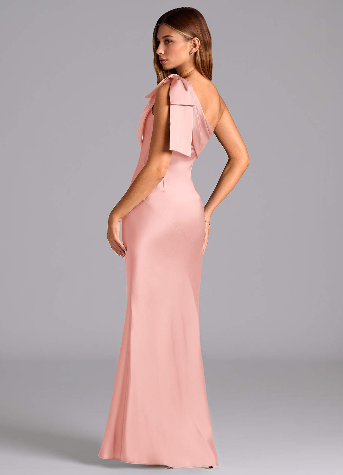 Azazie Yuanna Bridesmaid Dresses Powder Pink Mermaid One Shoulder Stretch Satin Dress image5