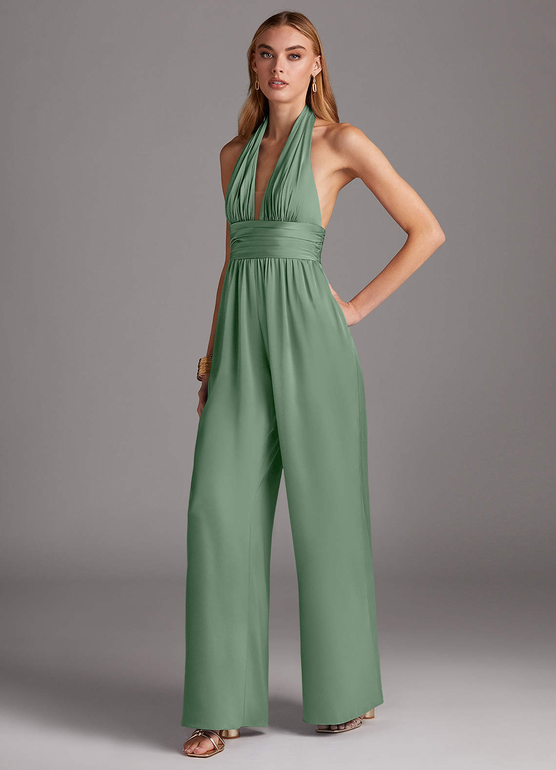 Azazie Oli Stretch Satin Jumpsuit Ready to Ship Matcha Stretch