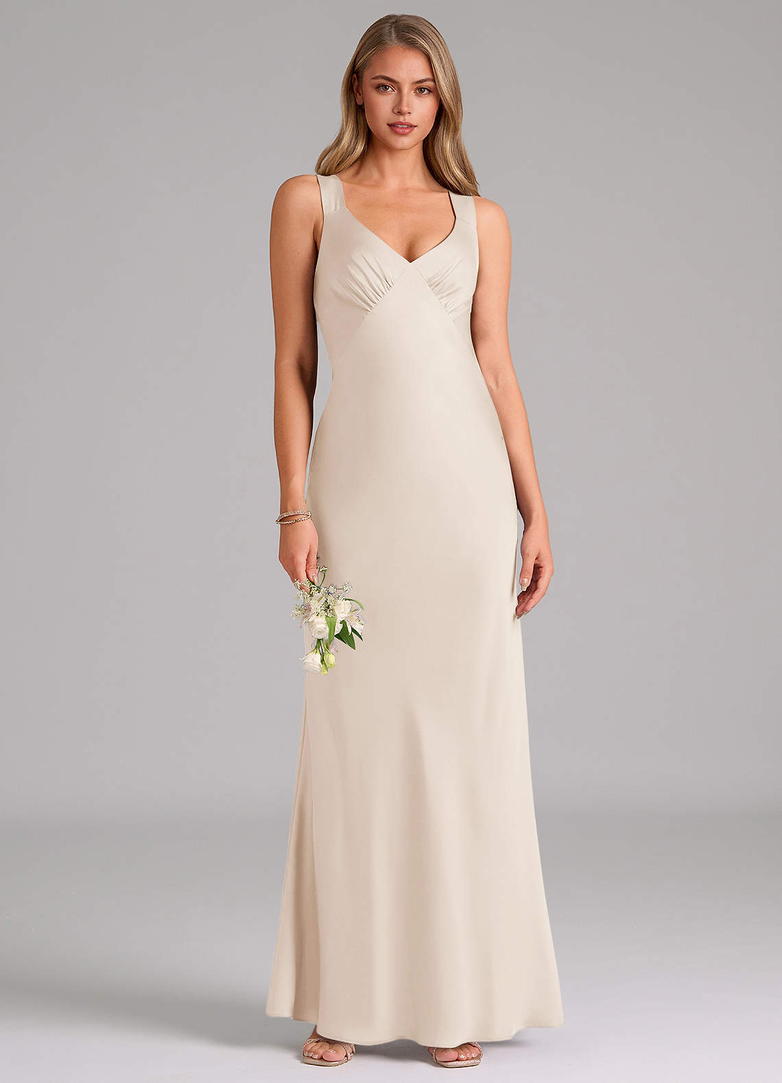 Azazie Kamila Bridesmaid Dresses White Alabaster A-Line Pleated Stretch Satin Dress image1