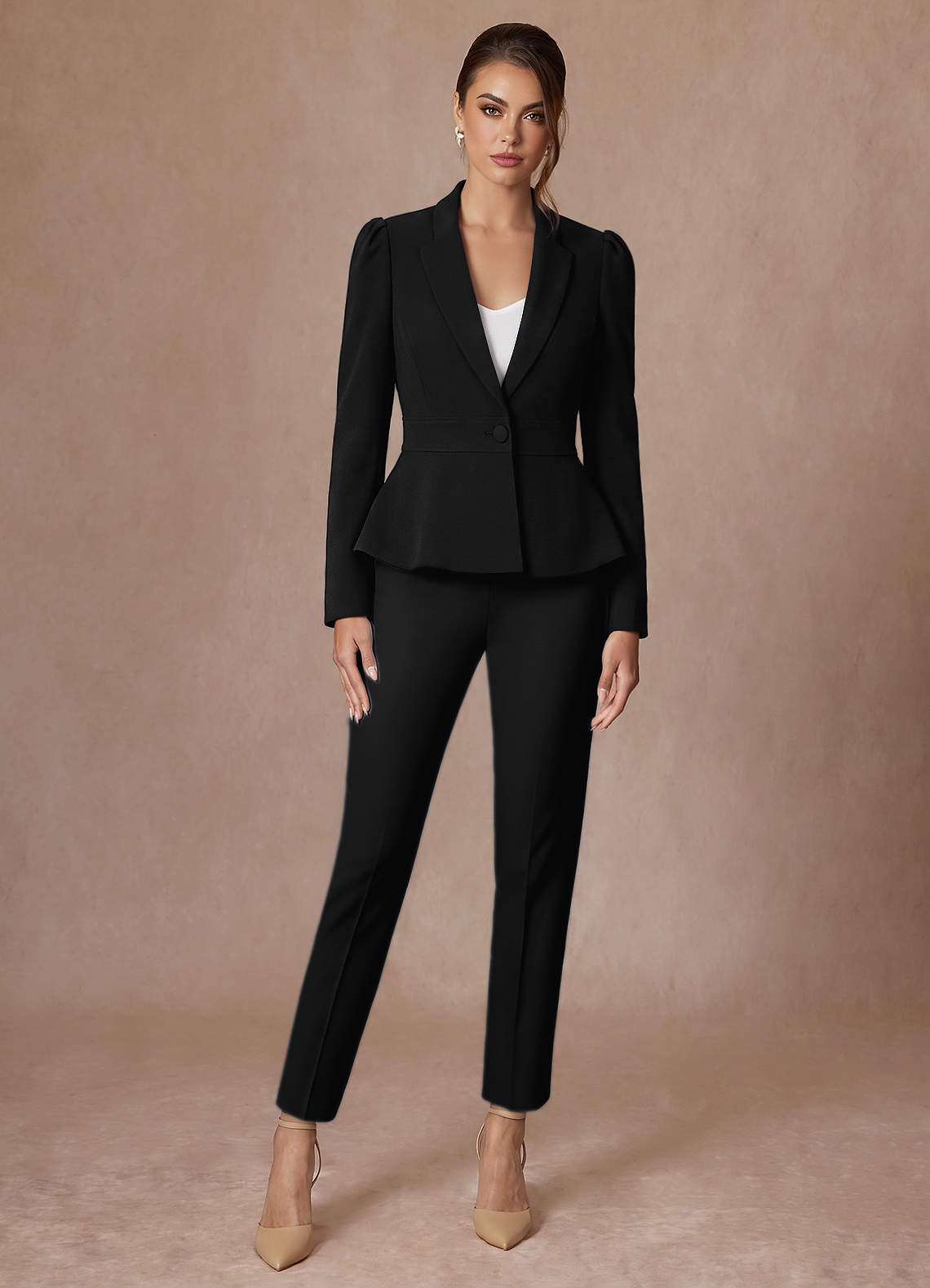 front Amara Black Refined Weave Tailored Peplum Blazer