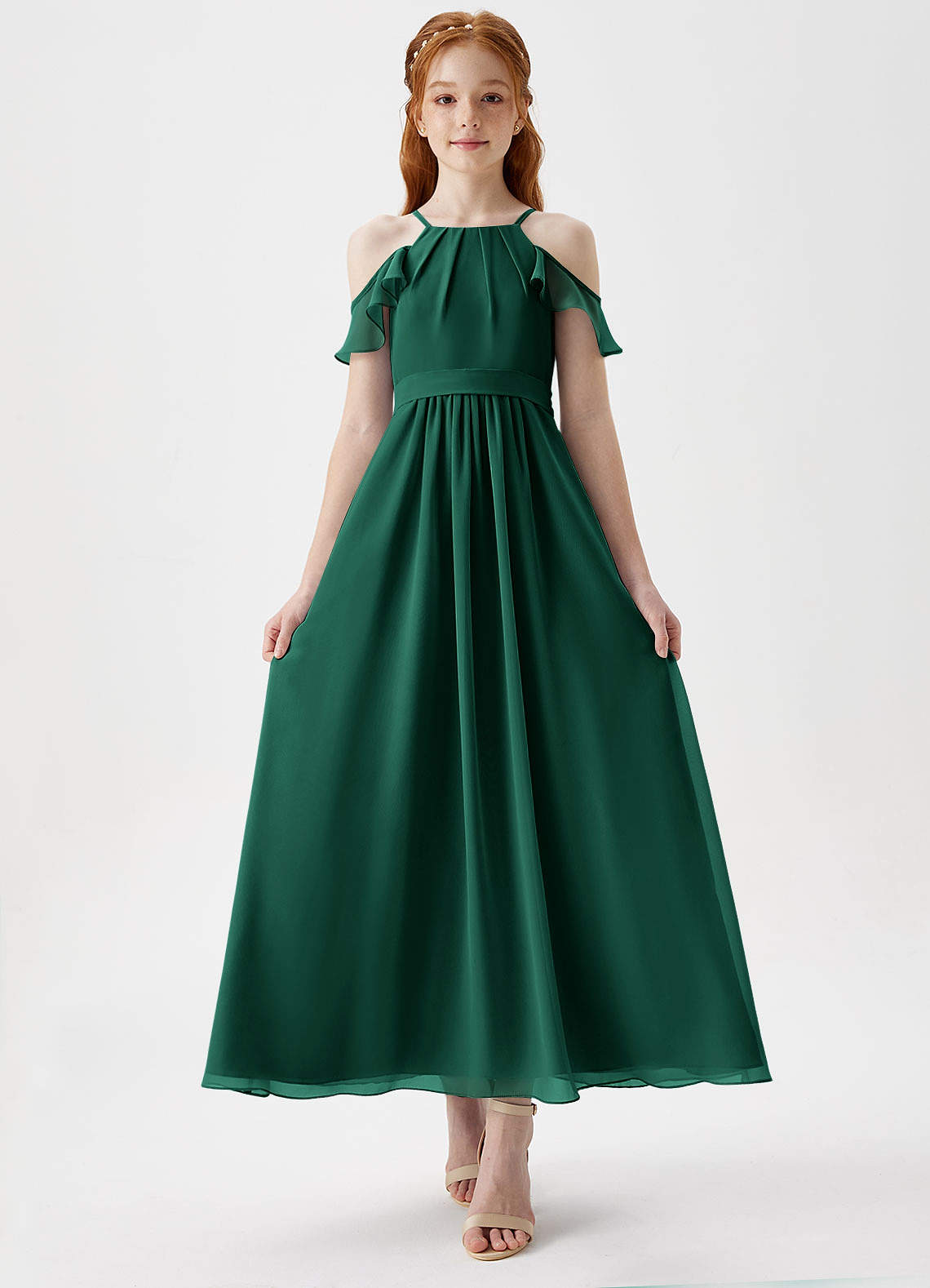 Azazie Chaya Junior Emerald A-Line Off the Shoulder Chiffon Dress image3