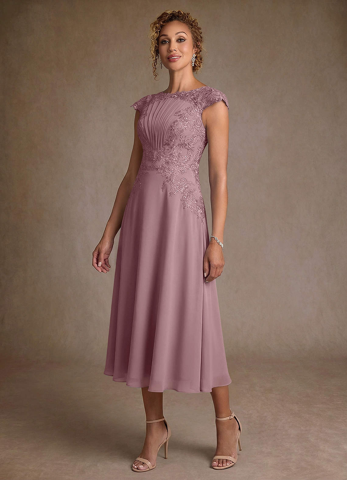 Azazie Crista Mère de la mariée Robes Robe Trapèze en Mousseline de soie Dentelle Rose Poussiéreuse image3