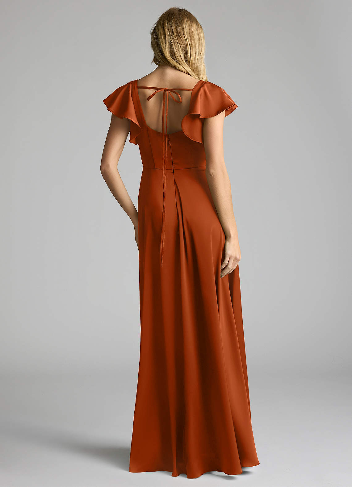 Azazie Bondi Bridesmaid Dresses Burnt Orange A-Line Bow Stretch Satin Dress image2