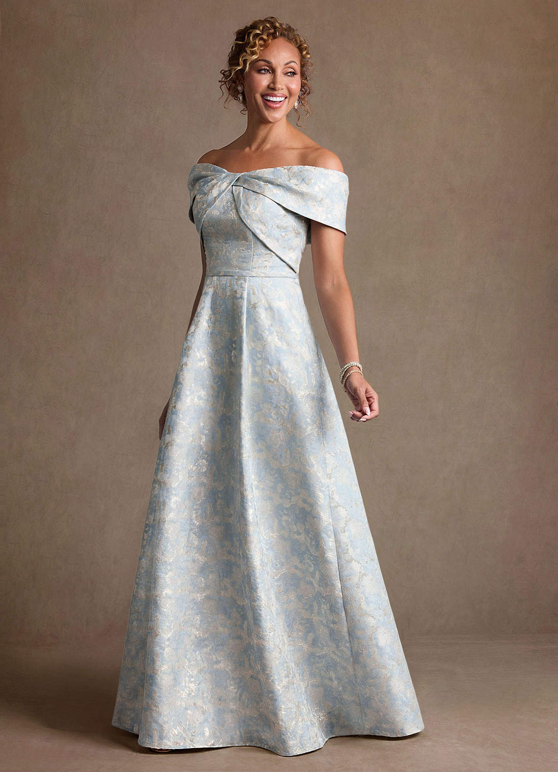 Azazie Harriett Mother of the Bride Dresses Dusty Blue A-Line Off the Shoulder Floral Jacquard Dress image6