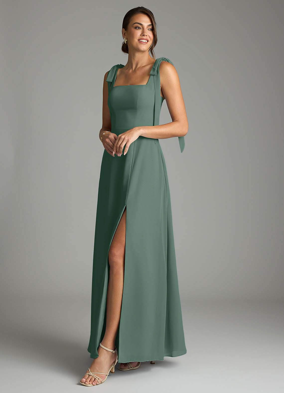 schaffers bridesmaid dresses Azazie Debra Sea Moss Chiffon Elegant Women's Black Long minimalist elegant maxi dress The Deborah is undeniably Size:15 x 34