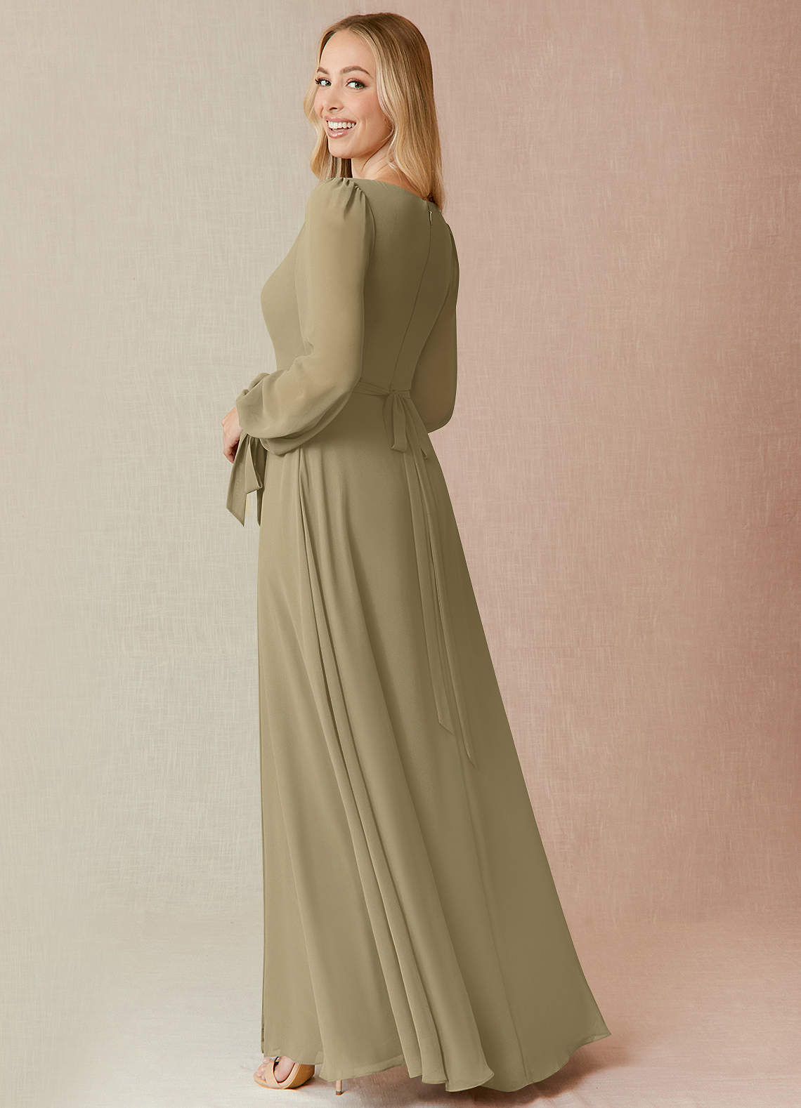 Azazie Leonia Bridesmaid Dresses Moss Green A-Line Long Sleeve Chiffon Dress image1