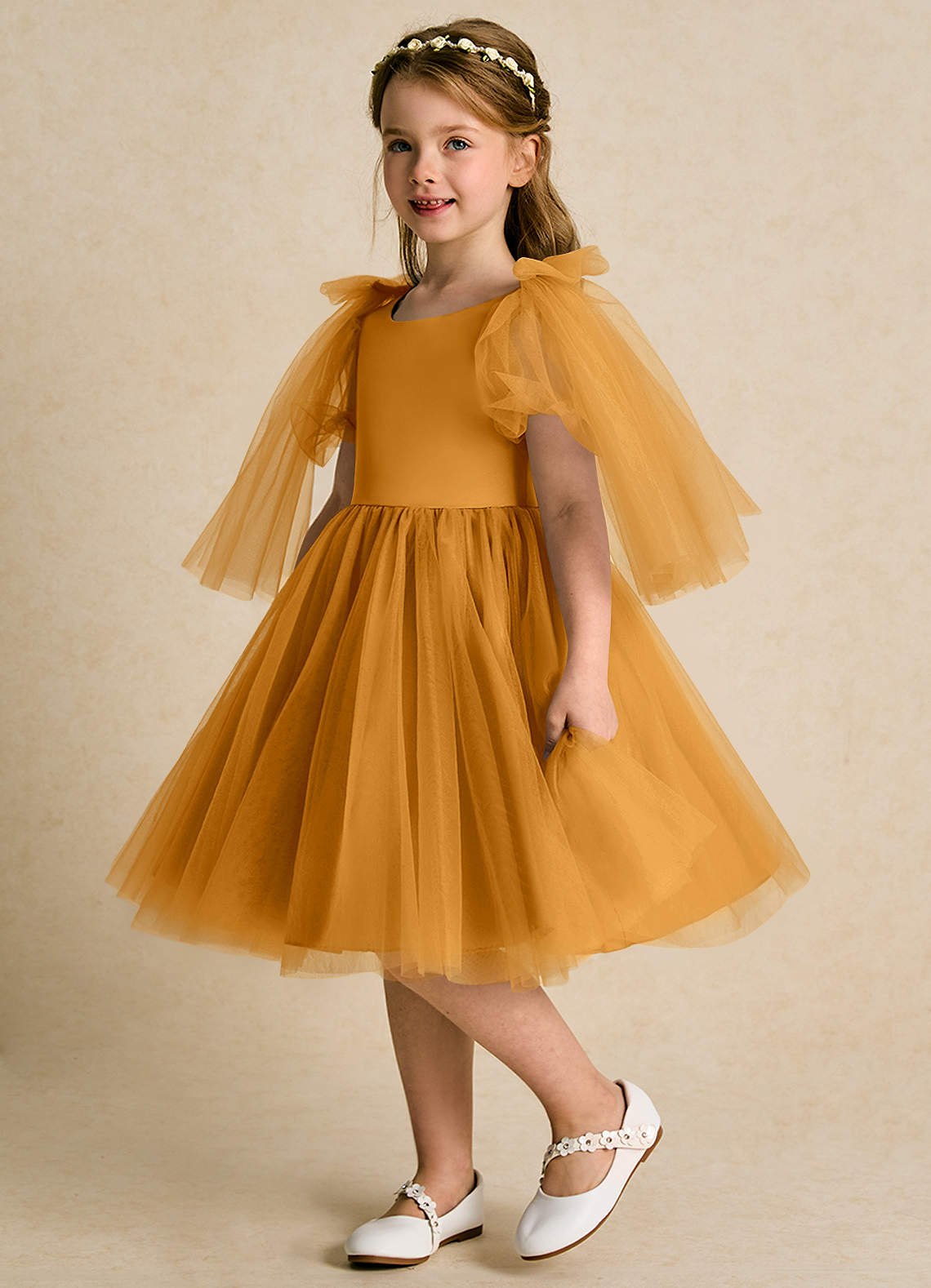 Azazie Duchess Flower Girl Dresses Butterscotch A-Line with Sleeves Tulle Dress image1